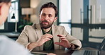 Review, discussion and man in office for meeting, budget increase or investment cost info. Laptop, teamwork or investor with manager for stocks inflation talk, tech and project expansion approval