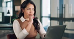 Laptop, thinking and businesswoman in office with tablet for finance report on investment planning. Technology, ideas and financial advisor with research on computer for revenue growth in workplace.