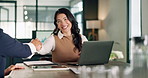 Laptop, businesswoman and shaking hands in office for financial deal, negotiation success and smile. Computer, people and handshake in company for investment collaboration, partnership or laugh