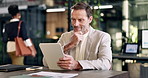 Tablet, thinking and businessman in office with research for revenue growth on investment report. Happy, technology and mature financial manager with feedback on finance risk management on app.
