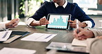 Hands, tablet screen and meeting in office with finance team, graphs or discussion in investment company. Person, group and fintech app for review, charts and report with collaboration at agency
