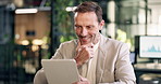 Tablet, planning and businessman in office with research for revenue growth on investment report. Smile, technology and mature financial advisor with email feedback on finance risk management on app.