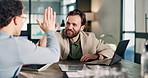 Laptop, team and business men with high five for trading plan, financial notes or discussion for good investment risk. Digital tech, feedback and agreement with stock market growth and trader profit