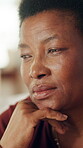Sad, woman and planning for decision, thinking and contemplating on weekend and remember past memory. Serious, reflection and mature black person with thoughts, lonely and pondering choice on break