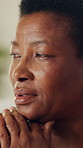 Lonely, woman and planning for decision, thinking and contemplating on weekend and remember memories. Serious, reflection and mature black person with thoughts, nostalgia or pondering choice on break