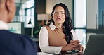 Laptop, team and business women with discussion for trading plan, financial research or risk management. Broker, tech and feedback with agreement, conversation and stock market meeting for trader