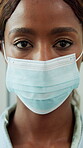 Face, mask and woman for health, protection or safety from disease with medical compliance. Rule, regulation and black person with facial cover for healthcare, caution for virus and hygiene protocol