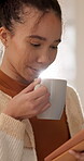 Phone, message and woman with coffee on break, online and communication with contact on social media. Happy person, texting and networking on mobile app, reading chat and relax with warm beverage