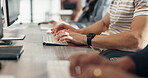 Hands, keyboard and typing in office for copywriting, research and coworking at publishing startup. Writer, technology or computer for digital marketing, review or feedback email with people at desk