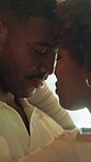 Calm, dance and forehead touch with black couple in home together for love, moment or safety. Marriage, peace and trust with people in apartment for commitment, relationship security or rhythm