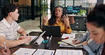 CEO, team and talking in meeting with woman for training, financial analysis or writing notes. Office, manager or conversation with people for investment data, coaching or risk management with laptop