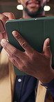 Hands, tablet and man in office with app, website development or research information online. Technology, developer and person with software update, usability test and review design with ai feature