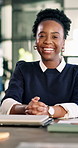 Happy, professional and face of black woman in office with confidence for finance career. Smile, about us and portrait of financial manager with pride for corporate job opportunity in workplace.