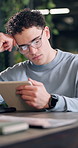 Man, stress and reading in office with tablet, mistake or bad comment on social media marketing post. Disappointed, person and challenge in workplace with tech, ad campaign fail and negative review.