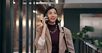 Phone call, thinking and walking with business woman in office for communication or feedback. Conversation, planning and review with happy employee in workplace corridor for mobile discussion