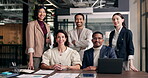 Business people, face and happy for finance in boardroom, meeting and about us for stock market analyst. Team, laugh and portrait with diversity, pride and financial expert group with data in office