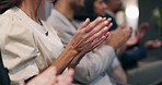 People, meeting or hands with applause for presentation, thank you or seminar together. Group, employees or audience clapping in row or crowd for corporate workshop, speech or conference in workplace