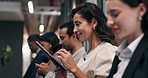 People, tablet and waiting room with staff in office for workshop, job opportunity or research. Woman, employees or colleagues with technology or app for career search, hiring or recruiting process