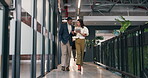 Tablet, talking and walking with employee team in office corridor for planning or research. App, review and schedule with business people in workplace hallway for collaboration or digital agenda
