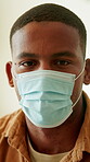 Man, face and mask for virus prevention with healthcare, safety and caution for viral infection. Black person, portrait and facial cover for compliance, sick or stop spread of respiratory germs