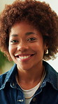 Face, woman and relax in nature with smile, peace and calm  morning for stress relief. Portrait, African person and happiness outdoor for day off, positive attitude and good mood for weekend break