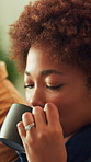 Couple, woman and drinking coffee in home with smile, bonding together and relationship commitment. Married, African people and happy with romantic partner, relax and satisfaction for warm beverage.