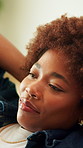 Woman, stretching and relax in house, thinking and comfort with mindset for peace on weekend. Break, resting and African person at apartment with thoughts, calm and perspective with reflection