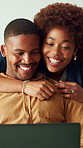 Couple, hug and remote work in apartment with laptop, love and support husband for creative career. Happy, married black people and talk in home with computer, embrace and help with freelance job.