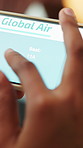 Hands, phone screen and flight ticket for travel, booking app or reservation with global trip info. Person, mobile and digital boarding pass with departure time, scroll details and airport check in