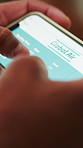Hands, phone screen and travel app for flight booking, ticket or reservation with global trip information. Person, mobile and digital boarding pass with details, scroll website and airport check in