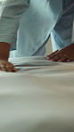 Chores, hands and making bed with person in home for morning routine or responsibility. Housework, neat and tidy with woman in bedroom of apartment for change, daily maintenance or fresh sheets