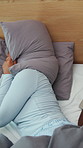 Rest, annoyed or couple in bedroom with snoring, anger or sleep disturbance in relationship issue. Frustrated, above or people in house with pillow cover, fatigue or restless partner in noise problem