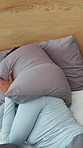 Rest, annoyed or couple on bed with snoring, frustrated or sleep disturbance in relationship issue. Upset, above or people in house with pillow cover, fatigue or restless partner in noise problem.