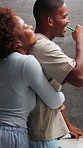 Couple, hug and brushing teeth in bathroom, smile and bonding with partner in house or oral hygiene. Black people, grooming and happy with spouse in home, morning routine and dental care for mouth