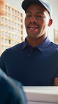 Pizza, man and customer with door delivery for fast food, takeaway or meal transportation in home. Male person, boxes or drop off with package, parcel or snack time for courier service in house