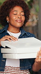 Woman, aroma and box with food for takeout, delivery and satisfaction with pizza appreciation. Smile, African person and smell at house with parcel fragrance, Italian cuisine and meal for takeaway