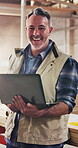 Face, laptop and management with man in carpentry workshop for manufacturing or production. Computer, planning and smile with mature person in woodworking factory for online order or quality control
