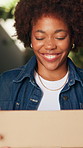 Happy, box and black woman with door delivery for online order, shipping or logistics in home. Female person, gate or smile with parcel or package for freight, courier service or cargo transportation