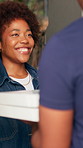 Box, pizza and happy woman with door delivery for takeaway, fast food or online order. Female person, meal or customer with smile, parcel or package for freight, courier service or transportation