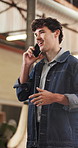 Phone call, man and carpenter in workshop for communication on furniture manufacturing with order. Happy, cellphone and woodworker on mobile discussion for feedback on industrial project in factory.