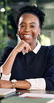 Smile, professional and face of black woman in office with confidence for finance career. Happy, about us and portrait of financial manager with pride for corporate job opportunity in workplace.