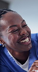 Checkup, black woman and nurse with patient in home for medical advice, treatment or help. Happy, conversation and healthcare worker with person for consultation with explaining symptoms in house.