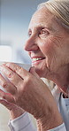 Thinking, aroma and old woman in house with coffee, daydreaming and calm mindset on weekend break. Relax, happy and senior person with warm drink, peaceful perspective and mindfulness on day off.