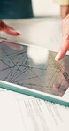 People, hands and tablet screen with blueprint for planning, home renovation and remodeling project. Couple, pointing and floorplan on tech display for building insight, compliance update and design