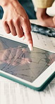 People, hands and tablet screen with floorplan for planning, home renovation and remodeling project. Couple, pointing and blueprint on tech display for building insight, compliance update and design