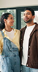 Thinking, happy and couple in new home with love, care and connection with real estate investment. Man, woman and discussion in house for renovation, remodeling and property design for future