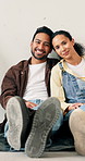 Face, happy and couple in new home with love, care and connection with real estate investment. Man, woman and portrait together in house for support, pride and property for growth with laugh