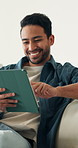 Laugh, break and man in house with tablet, video streaming and comic post on online platform. Happy, digital and male person with tech, internet comedy and show subscription on entertainment site.
