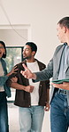 Couple, realtor and tablet with home inspection for property, renovation or building negotiation. Man, woman or checking house with real estate agent or technology for deal or demonstration together