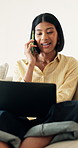 Freelancer, phone call and happy woman with laptop in house, designer or communication with contact. Graphic design, home and person with technology for remote work, discussion and update with mobile